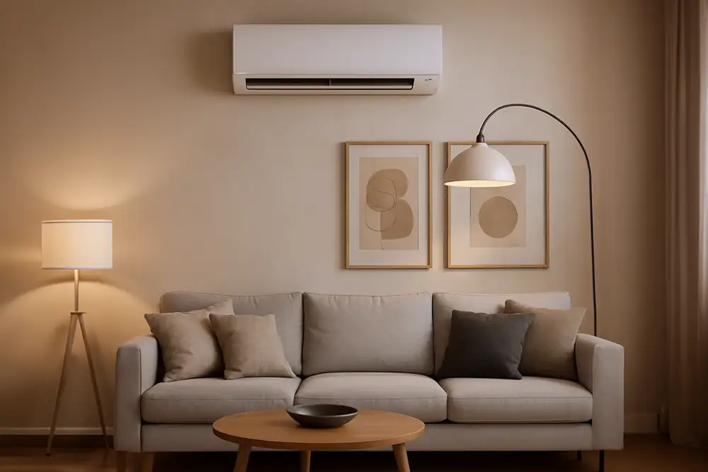une climatisation allumée dans un salon